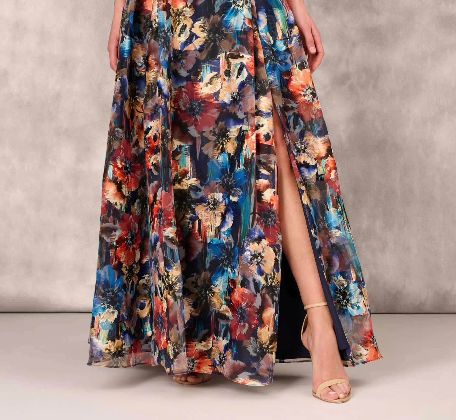 Floral Printed Metallic Organza Burnout One Shoulder Long Ball Gown With Pockets And Slit In Blue Multi 5 Floral Printed Metallic Organza Burnout One Shoulder Long Ball Gown With Pockets And Slit In Blue Multi - Image 5