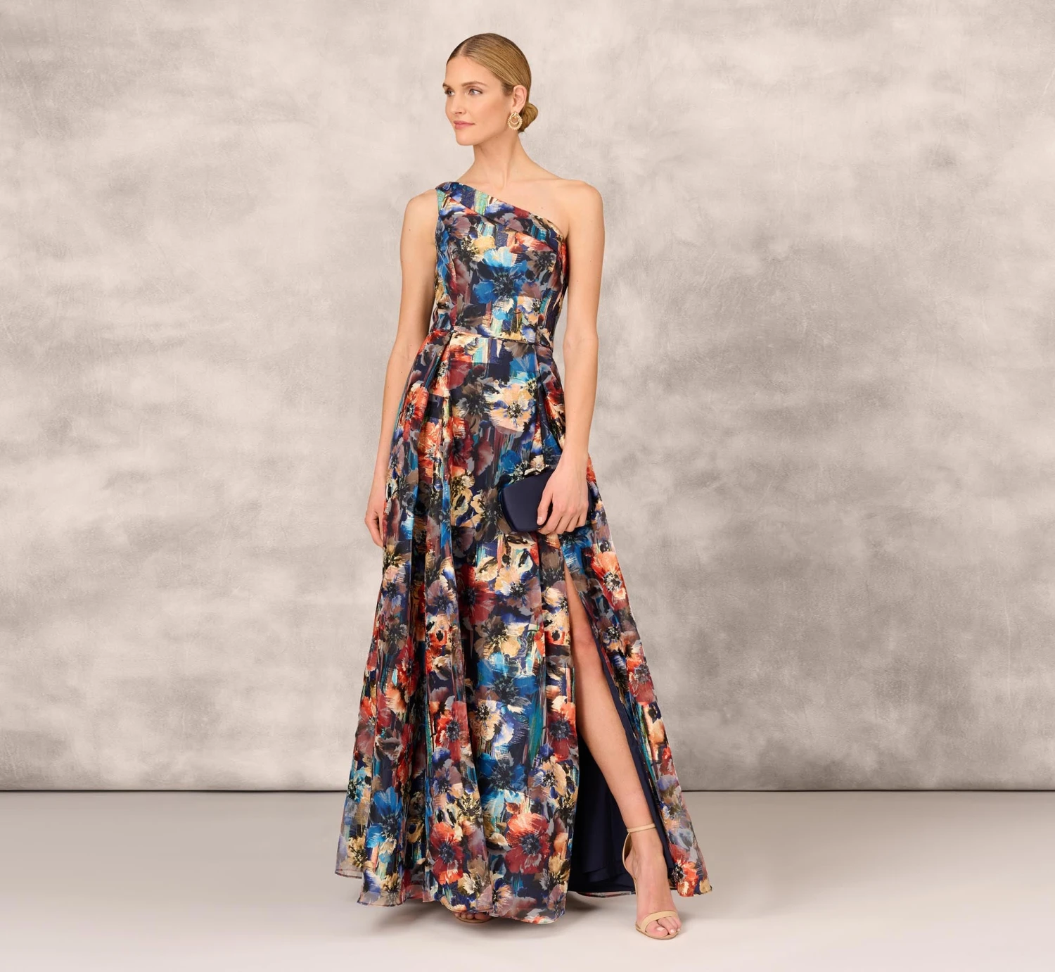 Floral Printed Metallic Organza Burnout One Shoulder Long Ball Gown With Pockets And Slit In Blue Multi 2 Floral Printed Metallic Organza Burnout One Shoulder Long Ball Gown With Pockets And Slit In Blue Multi - Image 2