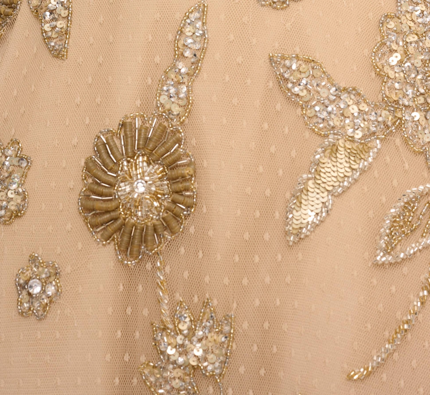 Floral Hand-Beaded Point D Sprit Mesh Illusion Gown In Light Gold 6 Floral Hand-Beaded Point D Sprit Mesh Illusion Gown In Light Gold - Image 6