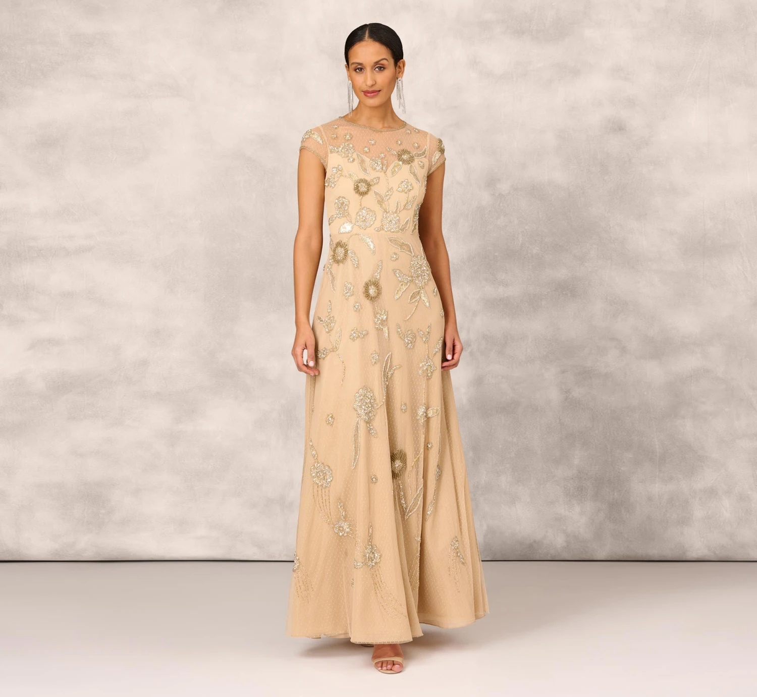 Floral Hand-Beaded Point D Sprit Mesh Illusion Gown In Light Gold 1 Floral Hand-Beaded Point D Sprit Mesh Illusion Gown In Light Gold