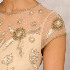 Floral Hand-Beaded Point D Sprit Mesh Illusion Gown In Light Gold 9 Floral Hand-Beaded Point D Sprit Mesh Illusion Gown In Light Gold -Glam Mirth Sales MD1E207924 AA267 Regular Detail
