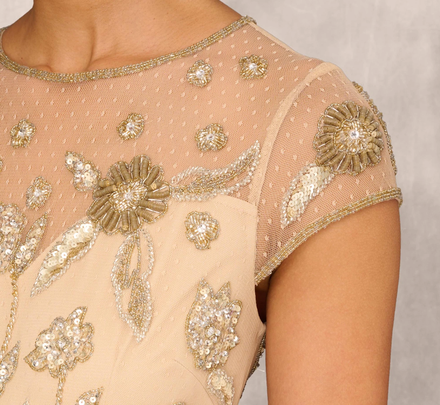 Floral Hand-Beaded Point D Sprit Mesh Illusion Gown In Light Gold 3 Floral Hand-Beaded Point D Sprit Mesh Illusion Gown In Light Gold - Image 3