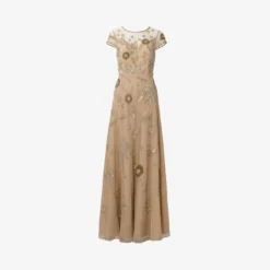 Floral Hand-Beaded Point D Sprit Mesh Illusion Gown In Light Gold 13 Floral Hand-Beaded Point D Sprit Mesh Illusion Gown In Light Gold -Glam Mirth Sales MD1E207924 AA267 Regular Flat