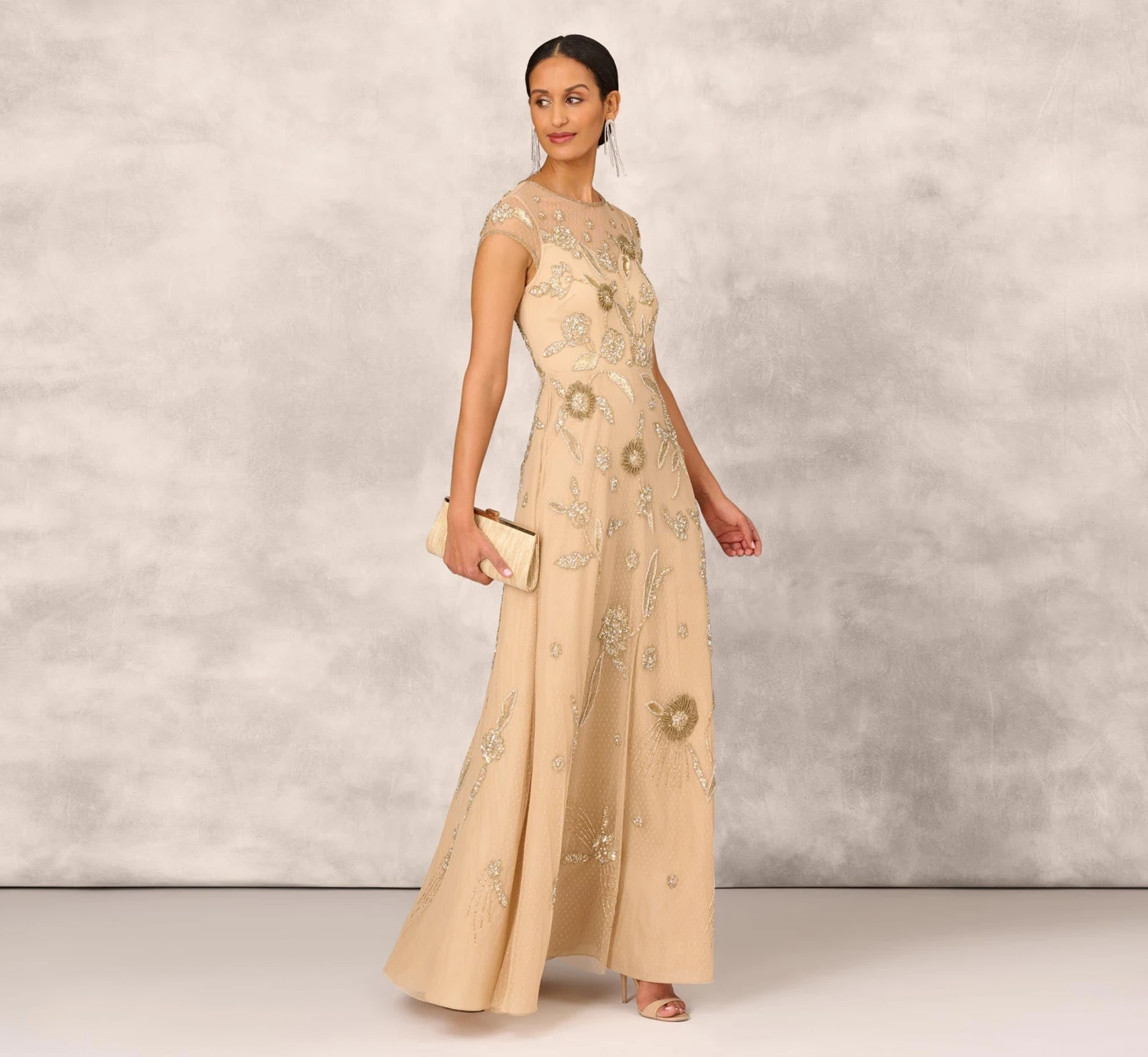 Floral Hand-Beaded Point D Sprit Mesh Illusion Gown In Light Gold 2 Floral Hand-Beaded Point D Sprit Mesh Illusion Gown In Light Gold - Image 2