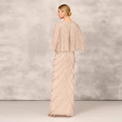 Hand Beaded Long Column Gown With Cape And Slit In Blush 9 Hand Beaded Long Column Gown With Cape And Slit In Blush -Glam Mirth Sales MD1E207926 AA248 Regular Back