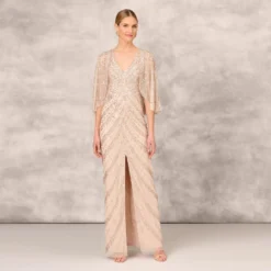Hand Beaded Long Column Gown With Cape And Slit In Blush