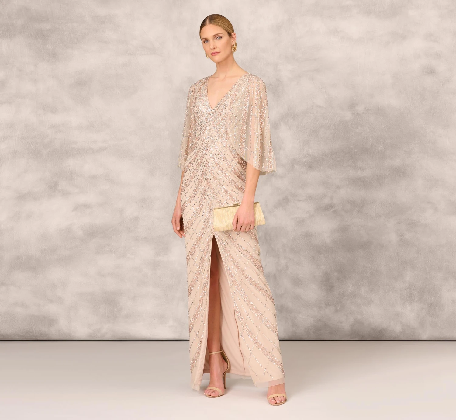 Hand Beaded Long Column Gown With Cape And Slit In Blush 2 Hand Beaded Long Column Gown With Cape And Slit In Blush - Image 2