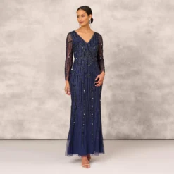 Hand Beaded Illusion Long Mermaid Gown In Navy