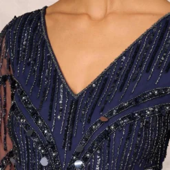 Hand Beaded Illusion Long Mermaid Gown In Navy 12 Hand Beaded Illusion Long Mermaid Gown In Navy -Glam Mirth Sales MD1E207928 AA412 Regular Detail