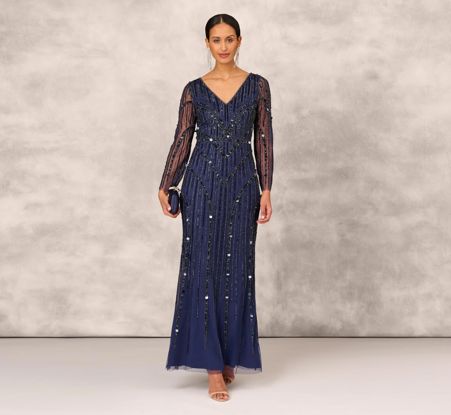 Hand Beaded Illusion Long Mermaid Gown In Navy 2 Hand Beaded Illusion Long Mermaid Gown In Navy - Image 2