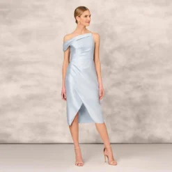 One Shoulder Asymmetrical Stretch Mikado Midi-Length Dress In Clear Water