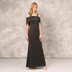 Satin Crepe Column Gown With Beaded Double Strap Details In Black