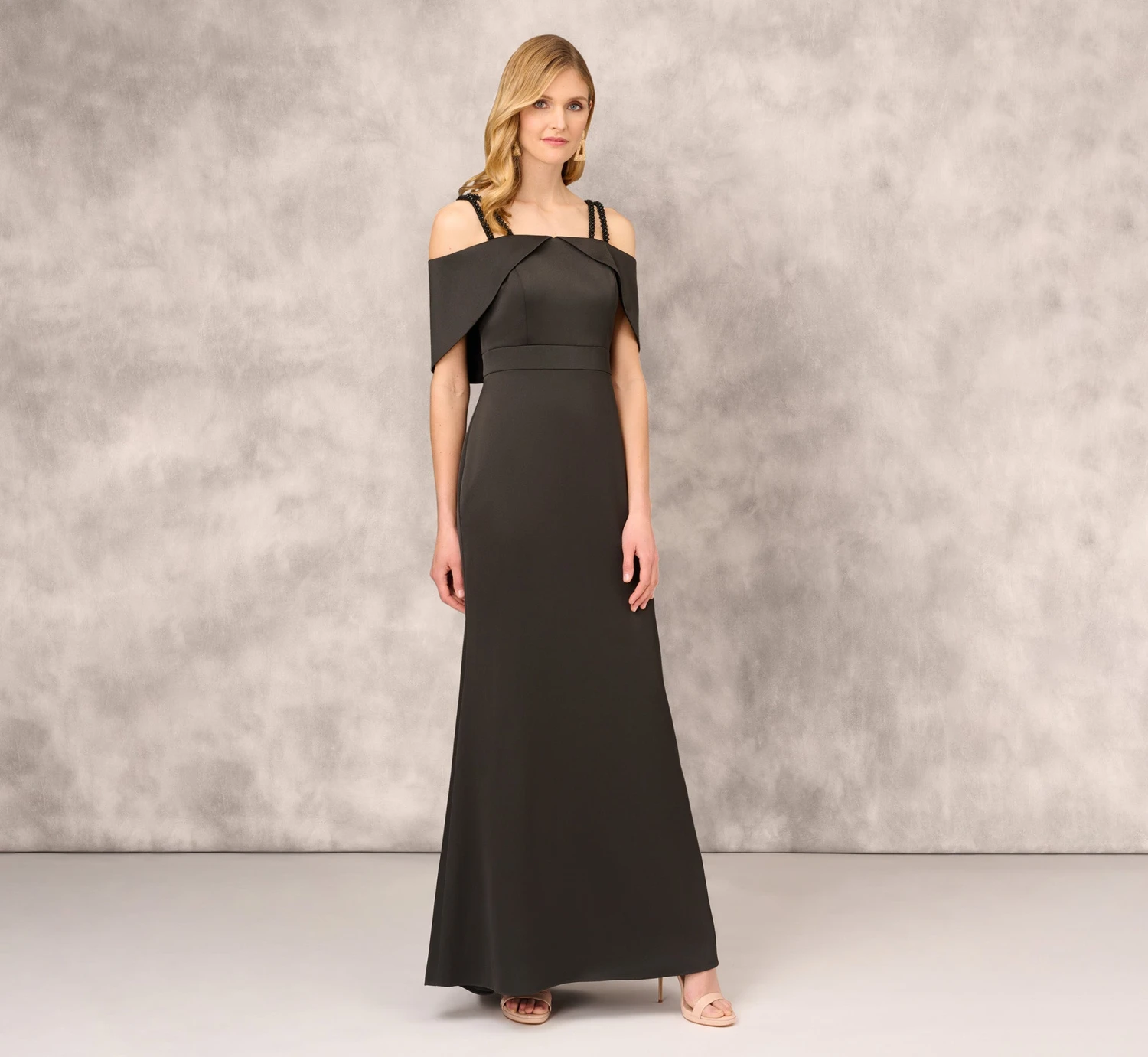 Satin Crepe Column Gown With Beaded Double Strap Details In Black 1 Satin Crepe Column Gown With Beaded Double Strap Details In Black