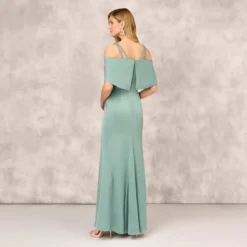 Satin Crepe Column Gown With Beaded Double Strap Details In Green Slate 9 Satin Crepe Column Gown With Beaded Double Strap Details In Green Slate -Glam Mirth Sales MD1E208155 AA355 Regular Back