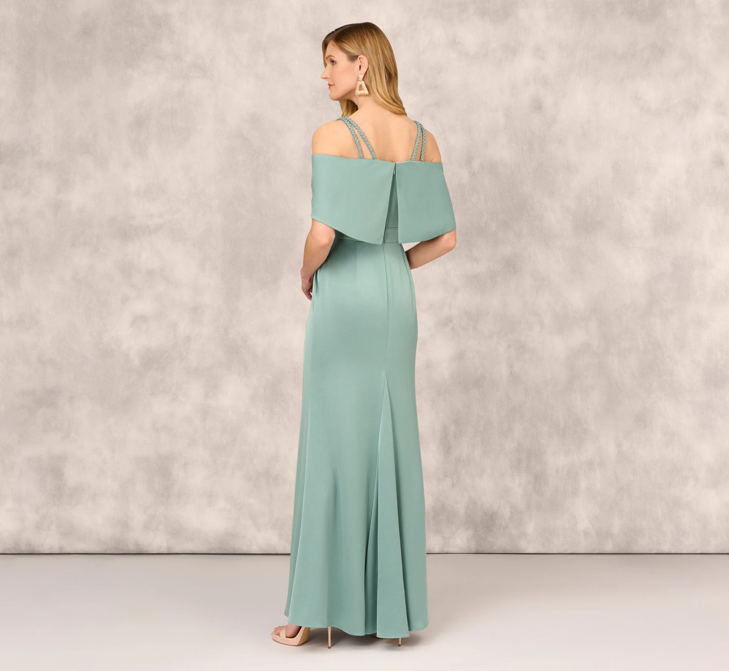 Satin Crepe Column Gown With Beaded Double Strap Details In Green Slate 4 Satin Crepe Column Gown With Beaded Double Strap Details In Green Slate - Image 4