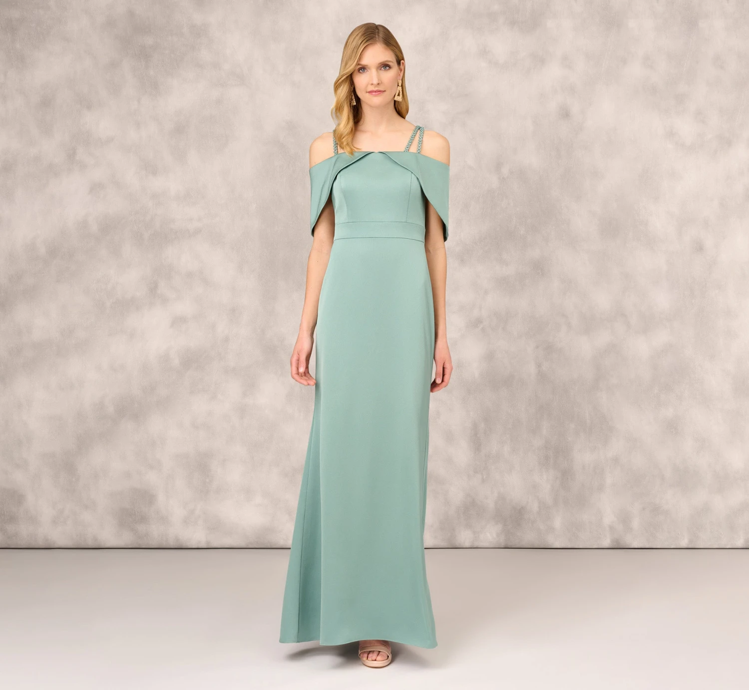 Satin Crepe Column Gown With Beaded Double Strap Details In Green Slate 2 Satin Crepe Column Gown With Beaded Double Strap Details In Green Slate - Image 2