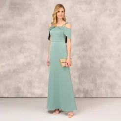 Satin Crepe Column Gown With Beaded Double Strap Details In Green Slate