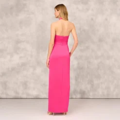 Satin Halter Gown With Rosette Accent In Hot Pink 9 Satin Halter Gown With Rosette Accent In Hot Pink -Glam Mirth Sales MD1E208156 AA672 Regular Back