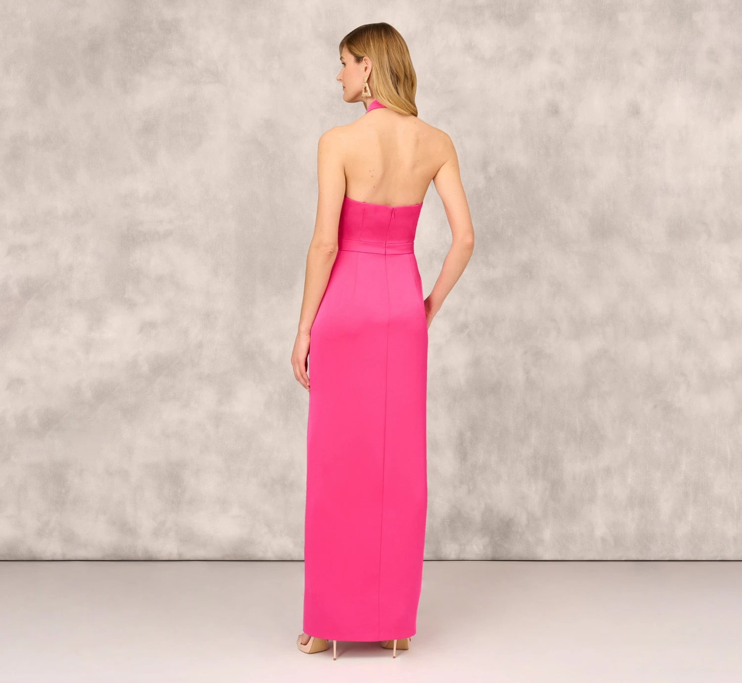 Satin Halter Gown With Rosette Accent In Hot Pink 4 Satin Halter Gown With Rosette Accent In Hot Pink - Image 4
