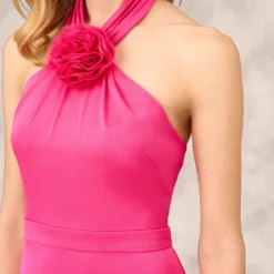 Satin Halter Gown With Rosette Accent In Hot Pink 8 Satin Halter Gown With Rosette Accent In Hot Pink -Glam Mirth Sales MD1E208156 AA672 Regular Detail