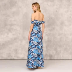 Off The Shoulder Floral Jacquard Gown In Blue Multi 9 Off The Shoulder Floral Jacquard Gown In Blue Multi -Glam Mirth Sales MD1E208165 AA461 Regular Back