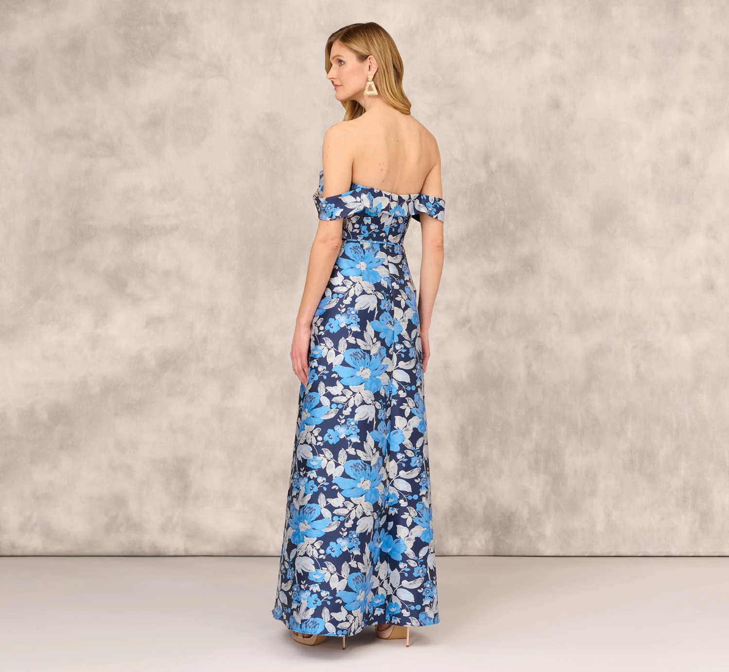 Off The Shoulder Floral Jacquard Gown In Blue Multi 4 Off The Shoulder Floral Jacquard Gown In Blue Multi - Image 4