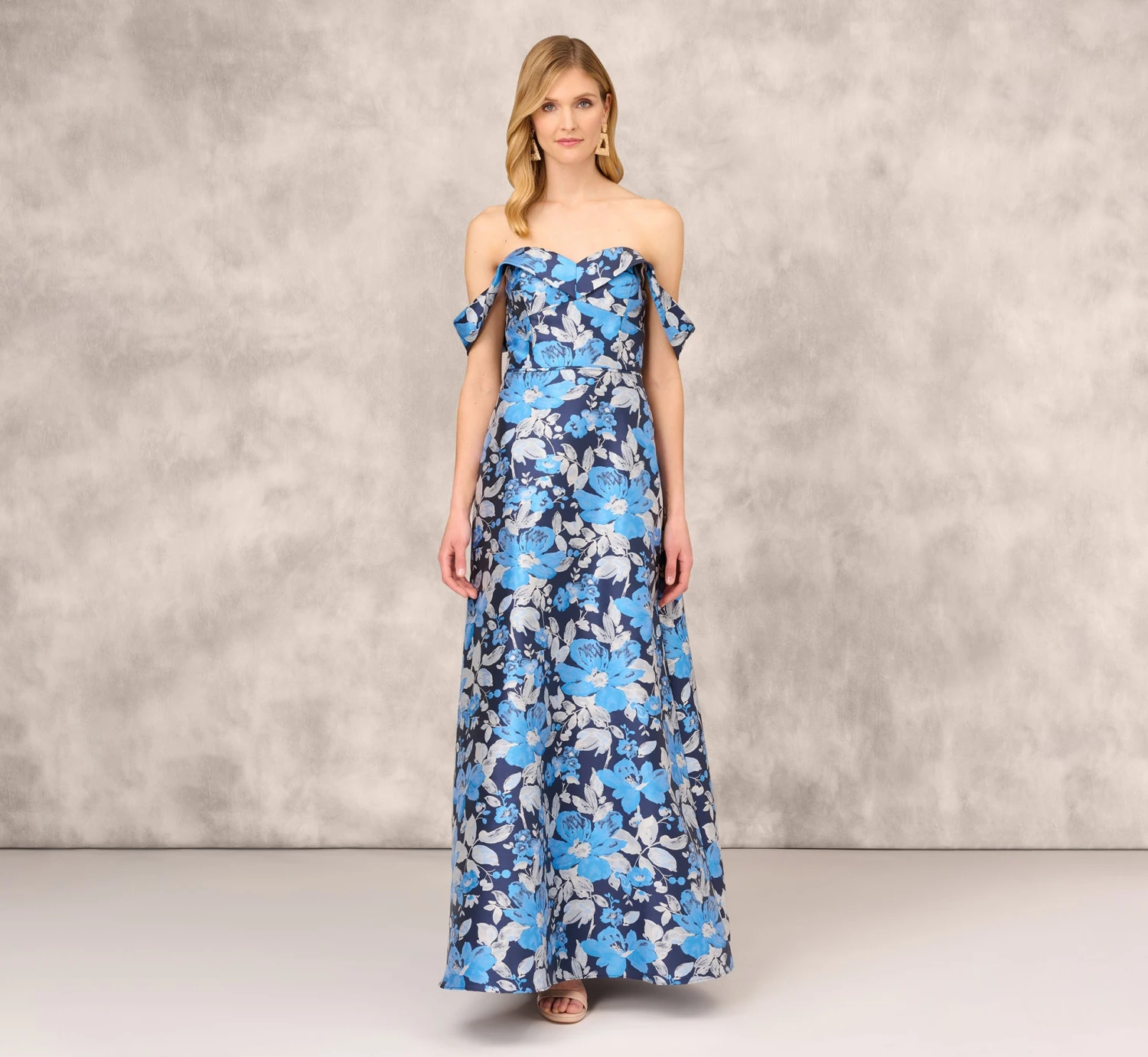 Off The Shoulder Floral Jacquard Gown In Blue Multi 2 Off The Shoulder Floral Jacquard Gown In Blue Multi - Image 2