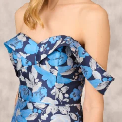 Off The Shoulder Floral Jacquard Gown In Blue Multi 8 Off The Shoulder Floral Jacquard Gown In Blue Multi -Glam Mirth Sales MD1E208165 AA461 Regular Detail