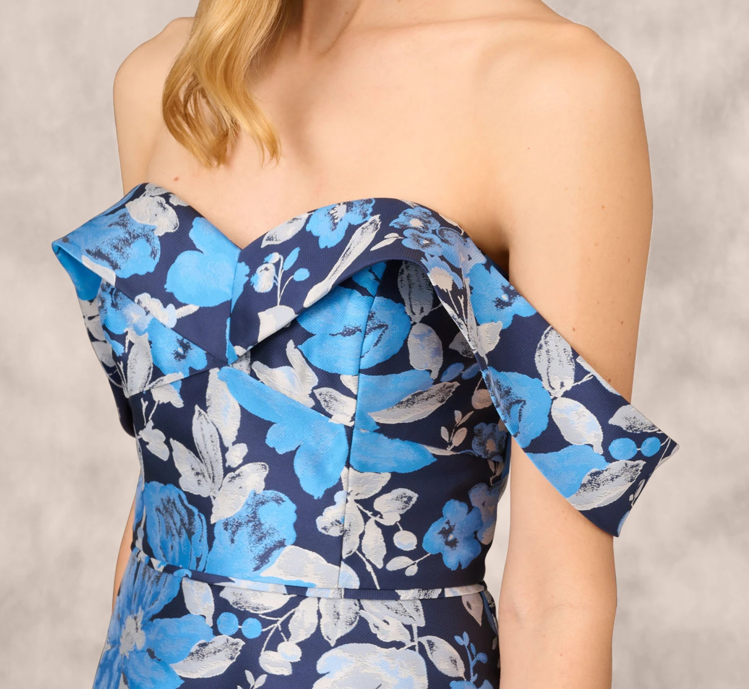 Off The Shoulder Floral Jacquard Gown In Blue Multi 3 Off The Shoulder Floral Jacquard Gown In Blue Multi - Image 3