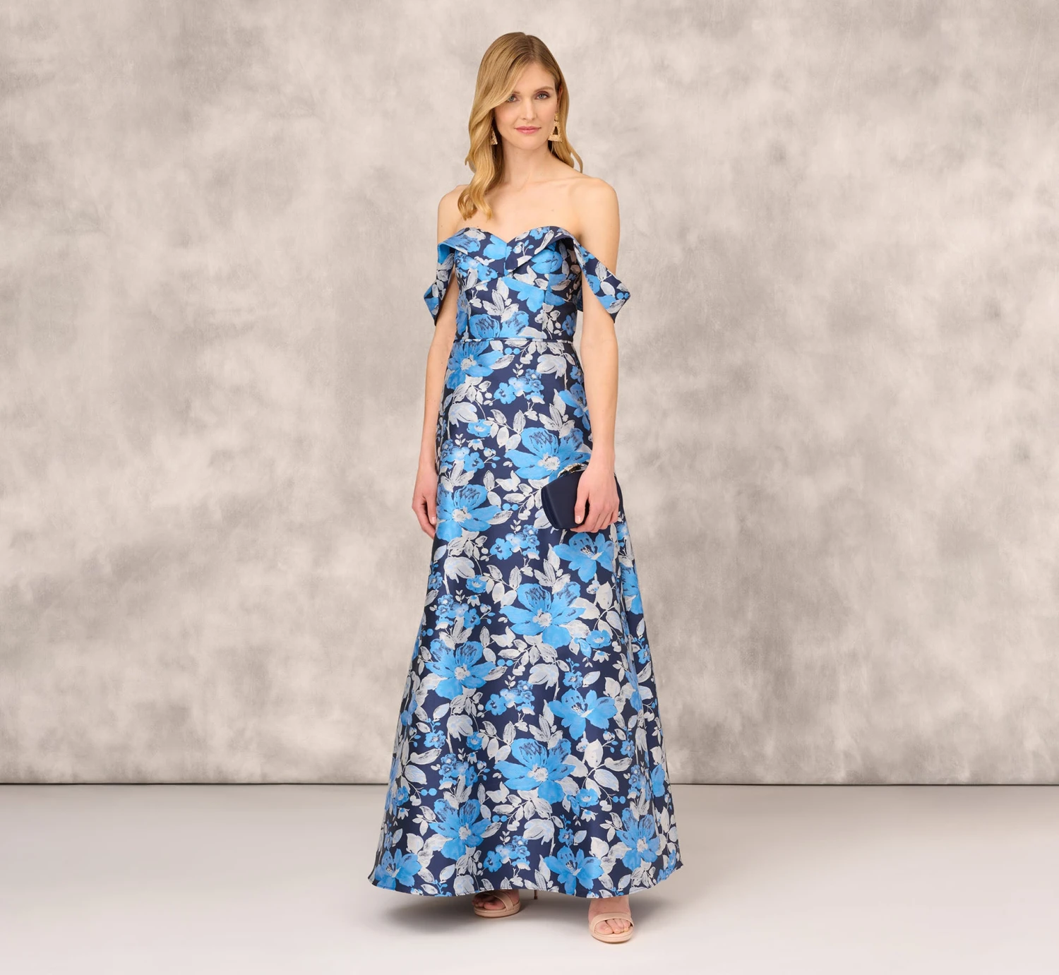 Off The Shoulder Floral Jacquard Gown In Blue Multi 1 Off The Shoulder Floral Jacquard Gown In Blue Multi