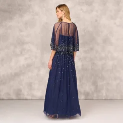 Beaded Strapless Gown With Sheer Removable Cape In Navy 9 Beaded Strapless Gown With Sheer Removable Cape In Navy -Glam Mirth Sales MD1E208169 AA412 Regular Back