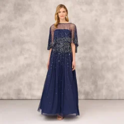 Beaded Strapless Gown With Sheer Removable Cape In Navy