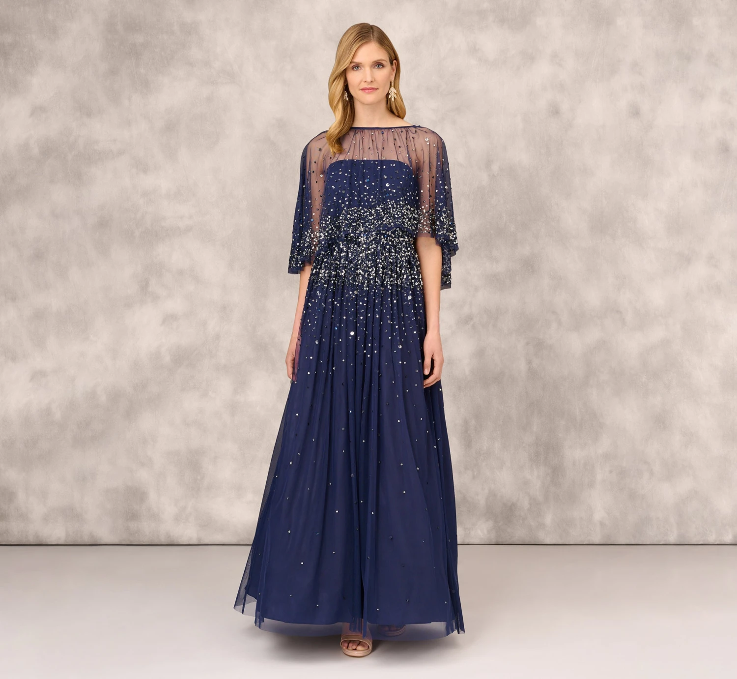 Beaded Strapless Gown With Sheer Removable Cape In Navy 1 Beaded Strapless Gown With Sheer Removable Cape In Navy