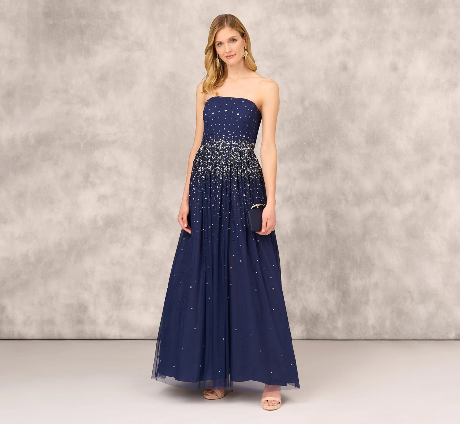 Beaded Strapless Gown With Sheer Removable Cape In Navy 2 Beaded Strapless Gown With Sheer Removable Cape In Navy - Image 2