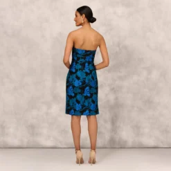 Floral Stretch Jacquard Strapless Midi Dress With Pleat Details In Blue Multi 12 Floral Stretch Jacquard Strapless Midi Dress With Pleat Details In Blue Multi -Glam Mirth Sales MD1E208345 AA461 Regular Back