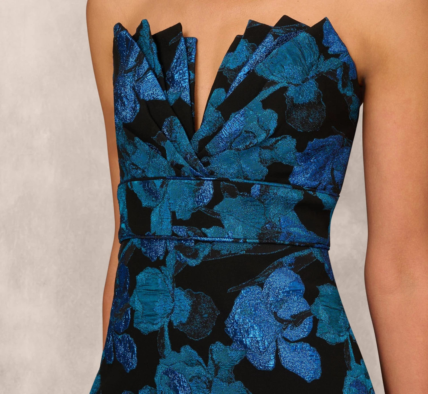 Floral Stretch Jacquard Strapless Midi Dress With Pleat Details In Blue Multi 4 Floral Stretch Jacquard Strapless Midi Dress With Pleat Details In Blue Multi - Image 4