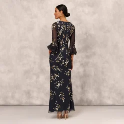 Floral Sequin Beaded Gown With Three-Quarter Length Bell Sleeves In Twilight 9 Floral Sequin Beaded Gown With Three-Quarter Length Bell Sleeves In Twilight -Glam Mirth Sales MD1E208425 AD410 Regular Back