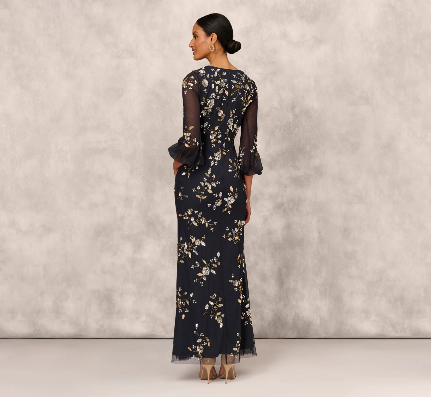 Floral Sequin Beaded Gown With Three-Quarter Length Bell Sleeves In Twilight 4 Floral Sequin Beaded Gown With Three-Quarter Length Bell Sleeves In Twilight - Image 4