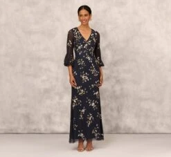 Floral Sequin Beaded Gown With Three-Quarter Length Bell Sleeves In Twilight