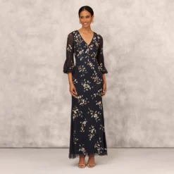 Floral Sequin Beaded Gown With Three-Quarter Length Bell Sleeves In Twilight