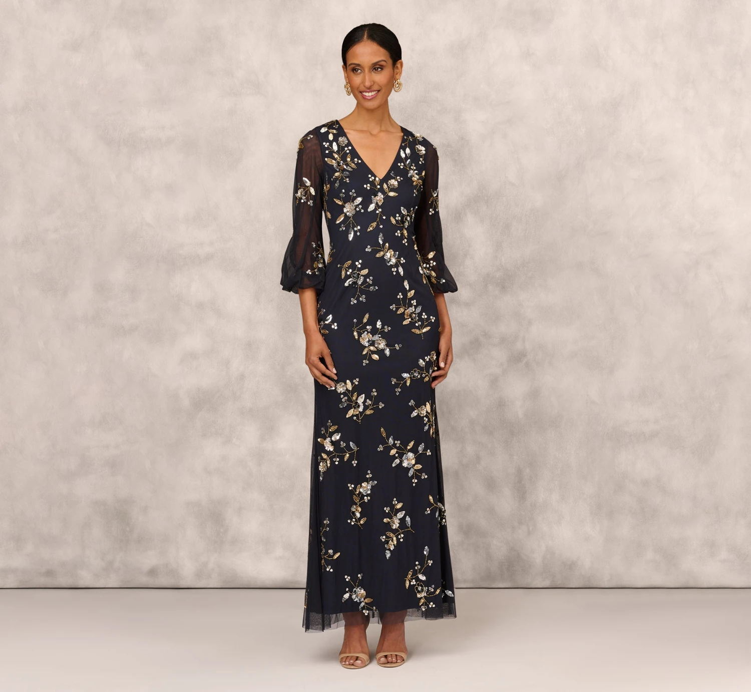 Floral Sequin Beaded Gown With Three-Quarter Length Bell Sleeves In Twilight 1 Floral Sequin Beaded Gown With Three-Quarter Length Bell Sleeves In Twilight