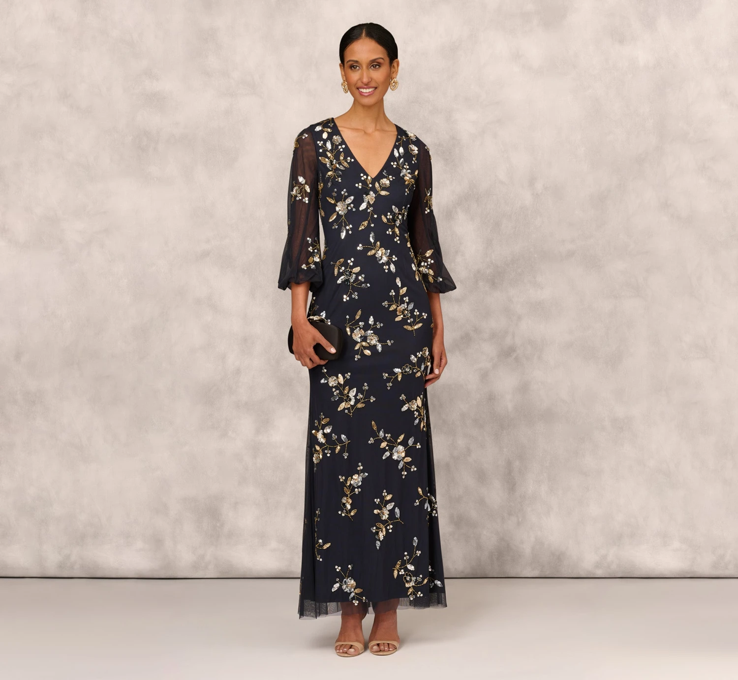 Floral Sequin Beaded Gown With Three-Quarter Length Bell Sleeves In Twilight 2 Floral Sequin Beaded Gown With Three-Quarter Length Bell Sleeves In Twilight - Image 2