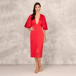 Crepe Back Satin Midi Dress With Flutter Sleeves In Chateau Red