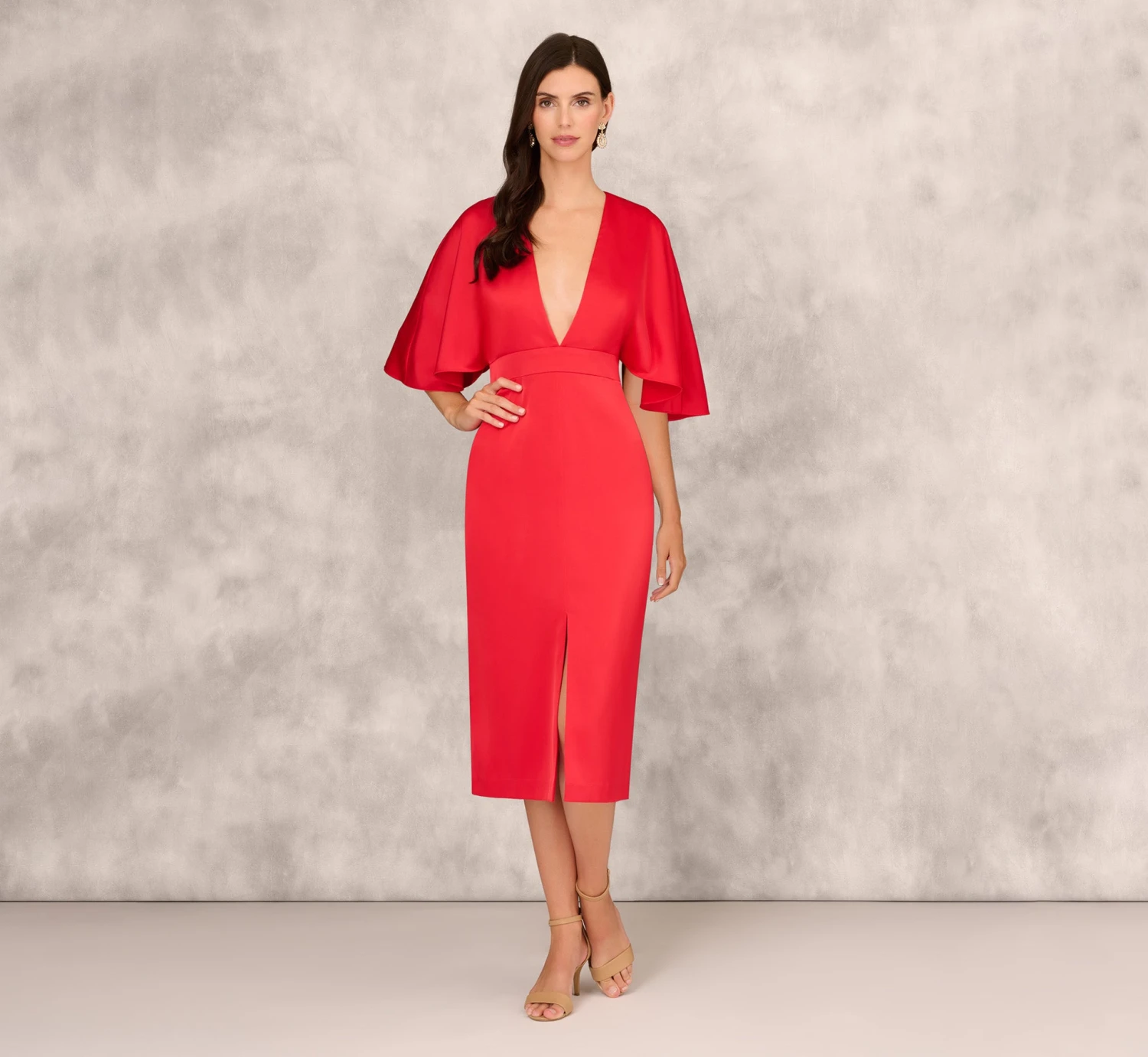 Crepe Back Satin Midi Dress With Flutter Sleeves In Chateau Red 1 Crepe Back Satin Midi Dress With Flutter Sleeves In Chateau Red