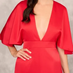 Crepe Back Satin Midi Dress With Flutter Sleeves In Chateau Red 8 Crepe Back Satin Midi Dress With Flutter Sleeves In Chateau Red -Glam Mirth Sales MD1E208607 AE613 Regular Detail
