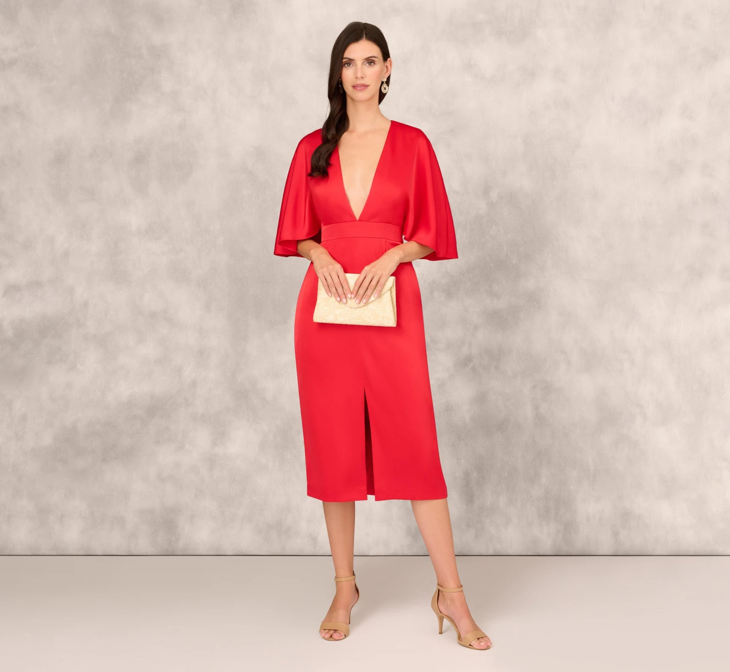 Crepe Back Satin Midi Dress With Flutter Sleeves In Chateau Red 2 Crepe Back Satin Midi Dress With Flutter Sleeves In Chateau Red - Image 2