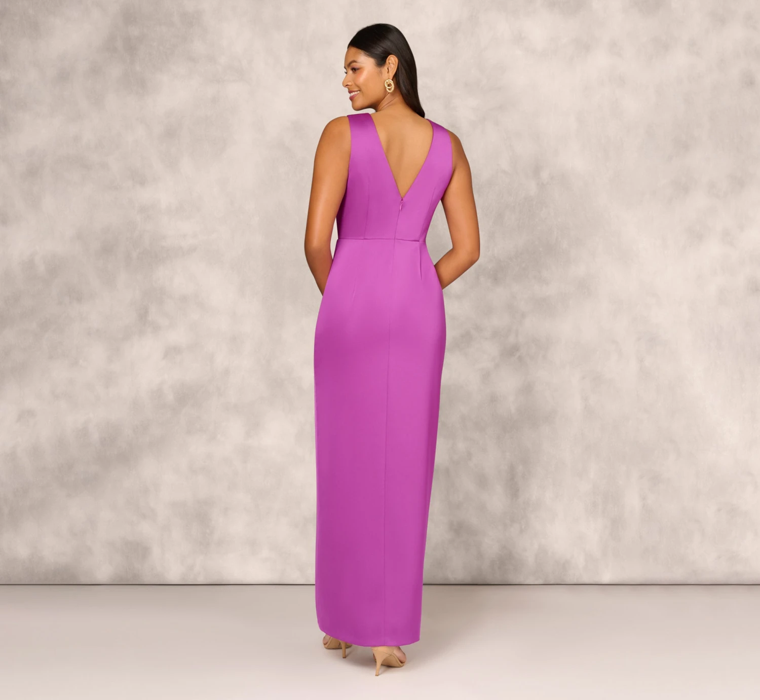 Sleeveless Satin Crepe Column Gown With Bow Waist In Wild Orchid 4 Sleeveless Satin Crepe Column Gown With Bow Waist In Wild Orchid - Image 4