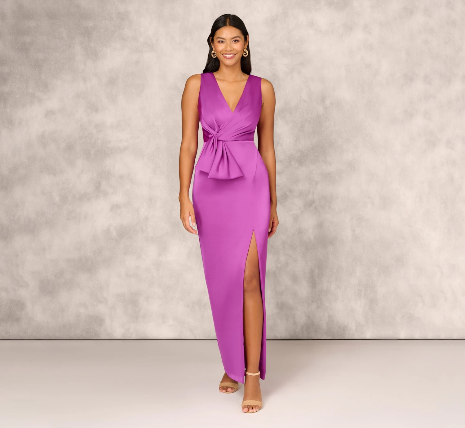 Sleeveless Satin Crepe Column Gown With Bow Waist In Wild Orchid 1 Sleeveless Satin Crepe Column Gown With Bow Waist In Wild Orchid