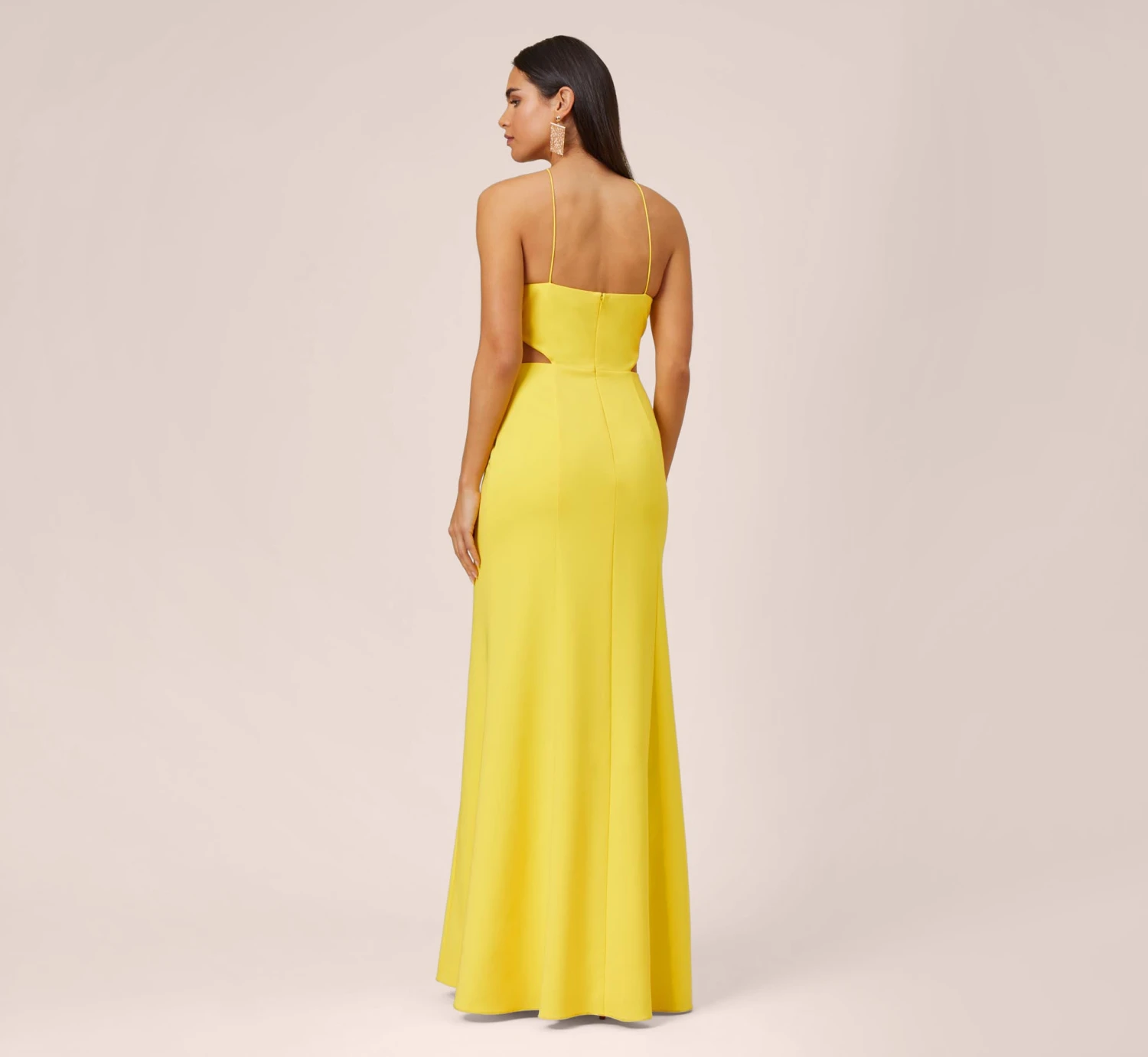 Stretch Crepe Long Halter Mermaid Dress With Cutouts In Lemon 4 Stretch Crepe Long Halter Mermaid Dress With Cutouts In Lemon - Image 4