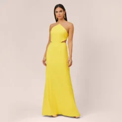 Stretch Crepe Long Halter Mermaid Dress With Cutouts In Lemon